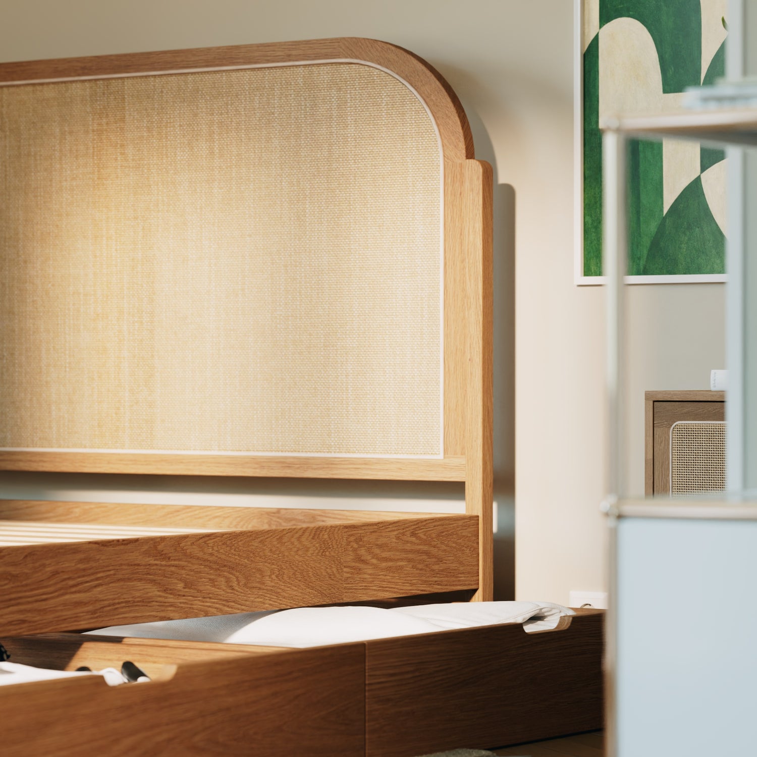Kopfteil aus geflochtenem Rattan, Mit Schubladen